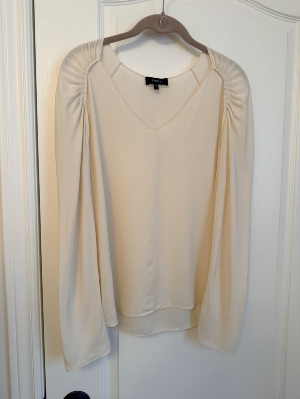 Theory Cream V-Neck Gathered Shoulder Blouse